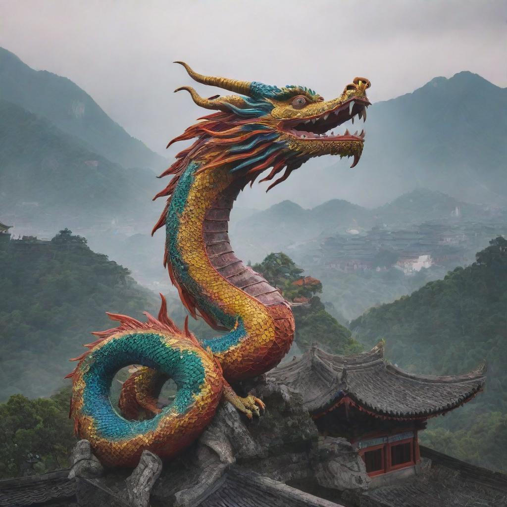 Majestic Chinese Dragon Soars Above Ancient Pagodas