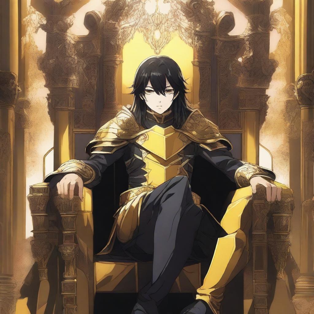 Anime Teen in Black and Yellow Armor on Throne