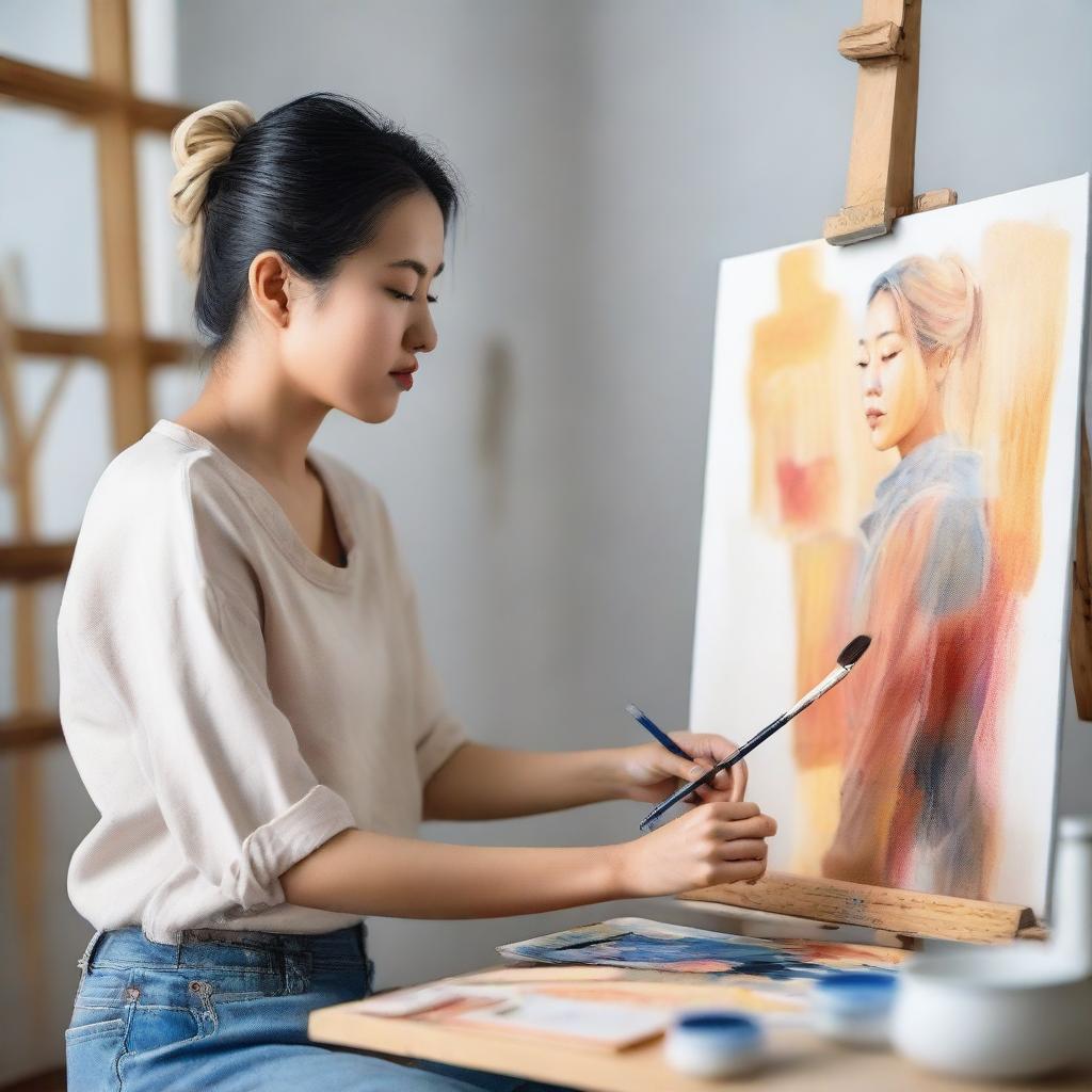 Artistic Serenity: Blonde Asian Woman in Her Studio