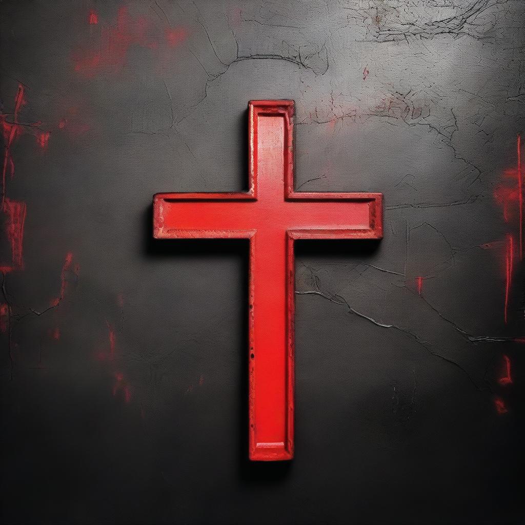 Vivid Red Christian Cross on Matte Black Wall