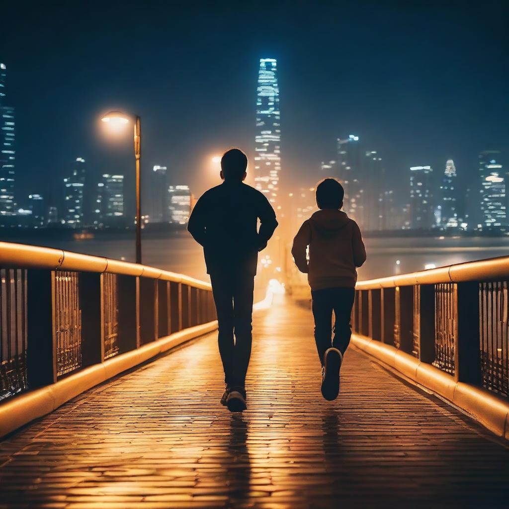 Adventures Under the Stars: Boys Running on a Night Bridge