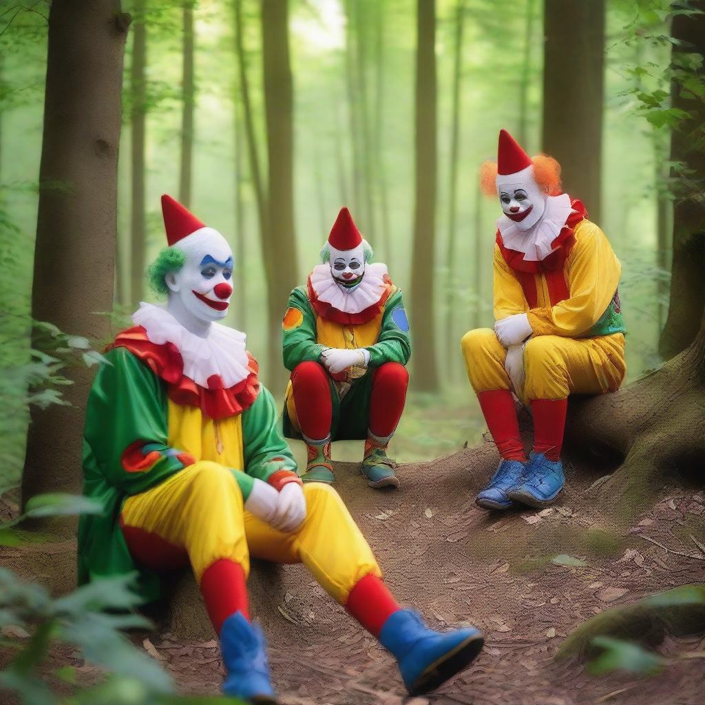 Whimsical Tranquility: Clowns in the Forest