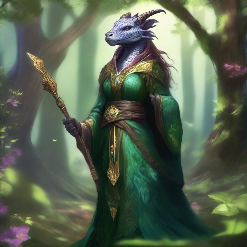 Majestic Dragonborn Druid in Lush Wilderness