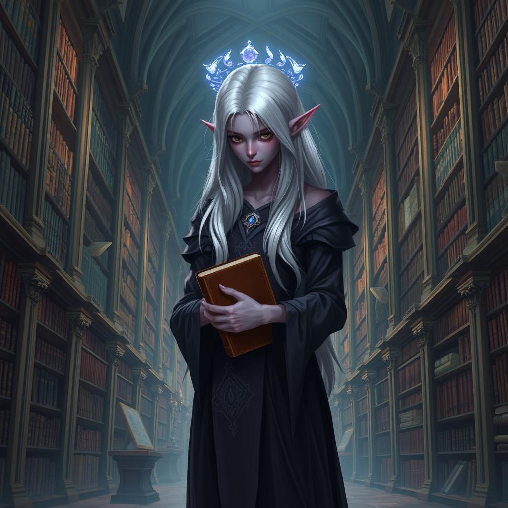 Mysterious Dark Elven Librarian in an Ancient Library