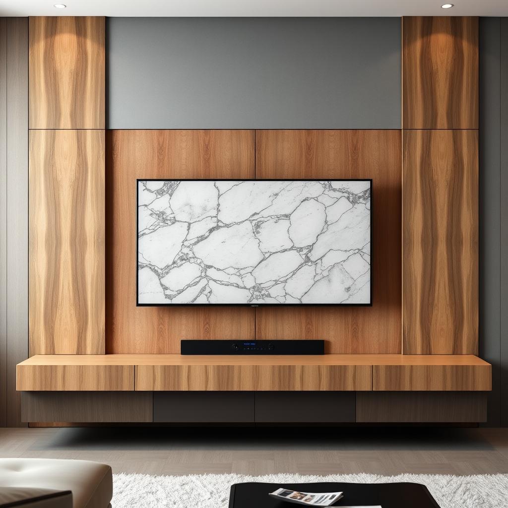 Sleek Marble and Wood Panel TV Wall Design