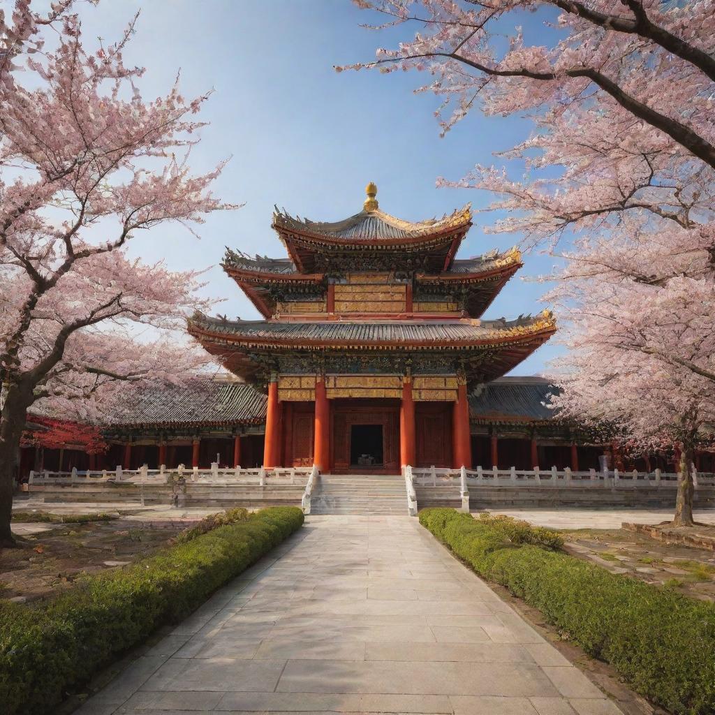 Serenity Found: Ancient Chinese Temple Amidst Cherry Blossom Garden