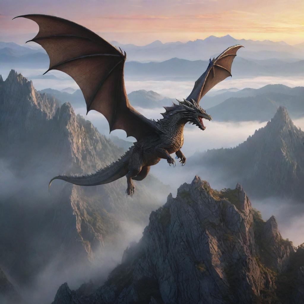 Majestic Fantasy Dragon Soaring Over Craggy Mountains