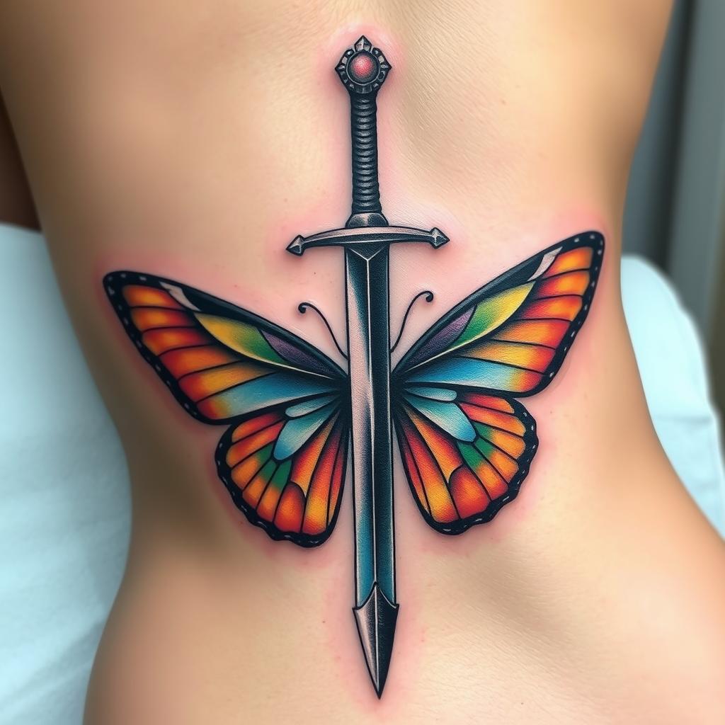 Emerging Opulence: Sword with Butterfly Wings Spine Tattoo