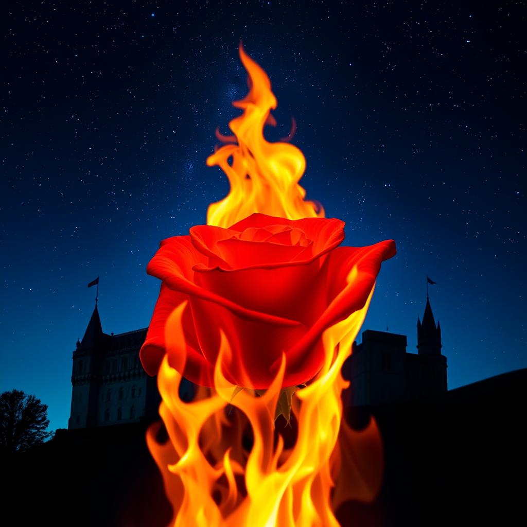 Inferno of Beauty: Burning Roses and Ancient Castle