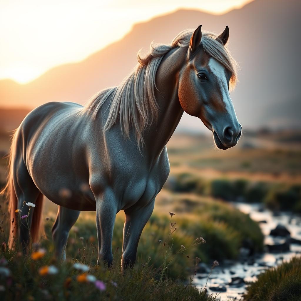 Ethereal Harmony: Majestic Horse in Serene Sunset Landscape