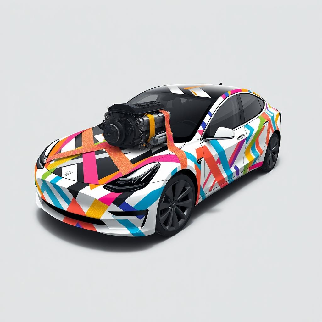 Artistry on Wheels: Multi-Colored Tape Tesla Model 3 Wrap