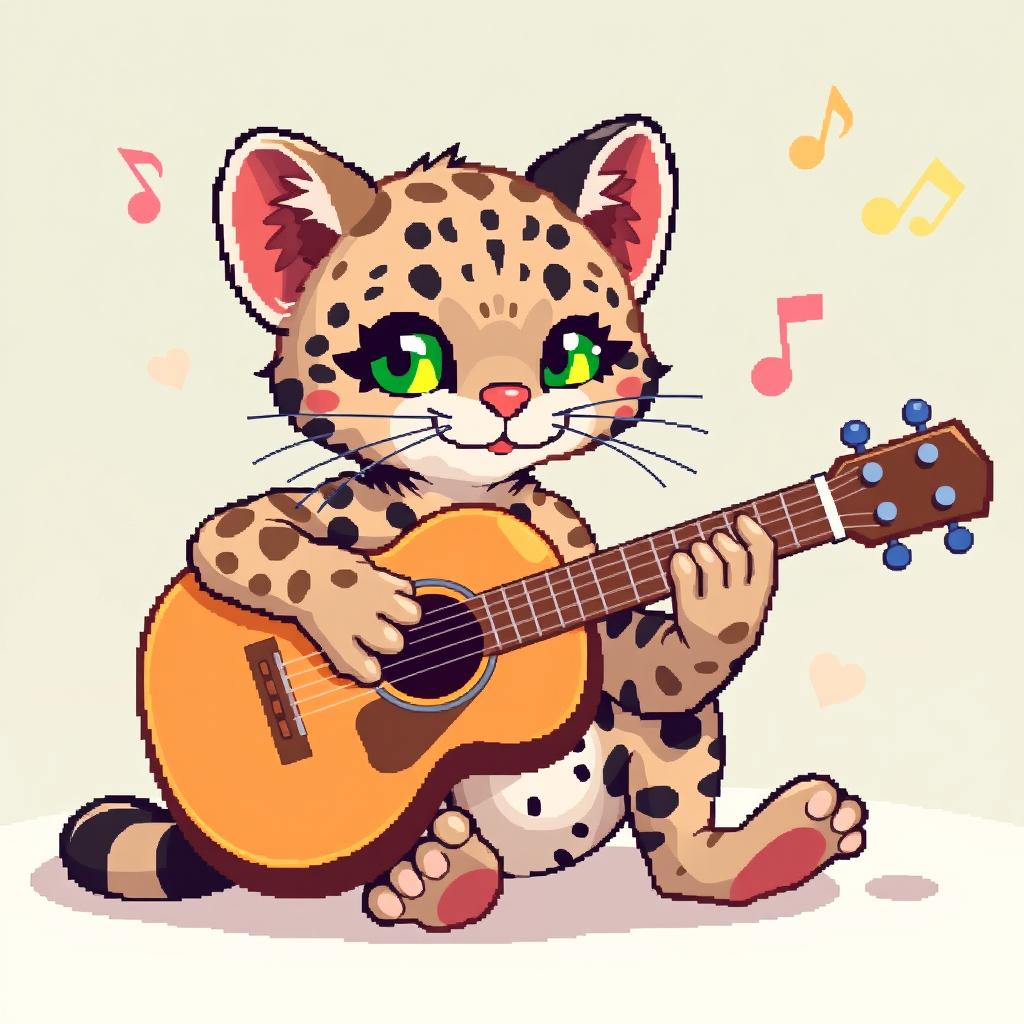 Purr-cussionist: Whimsical Ocelot Plays Acoustic Guitar