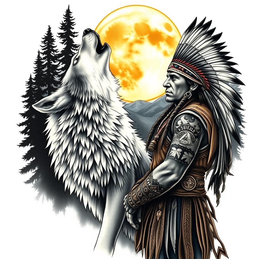 Fearless Union: Native American Warrior and Howling Wolf Tattoo Design