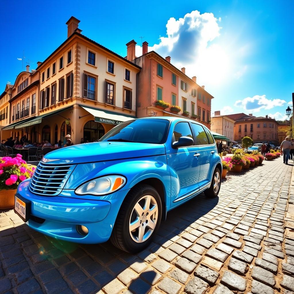 Charming Cruiser: Bright Blue Chrysler PT on Cobblestones