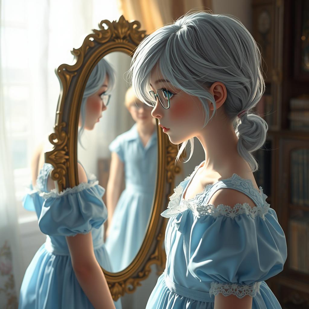 Enchanting Silver-Haired Girl in Blue Dress