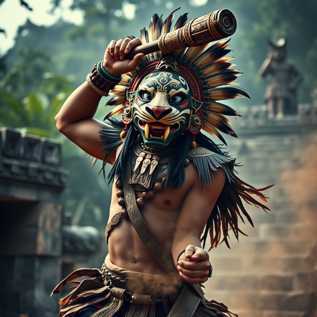 Fierce Aztec Warrior in Jaguar Mask