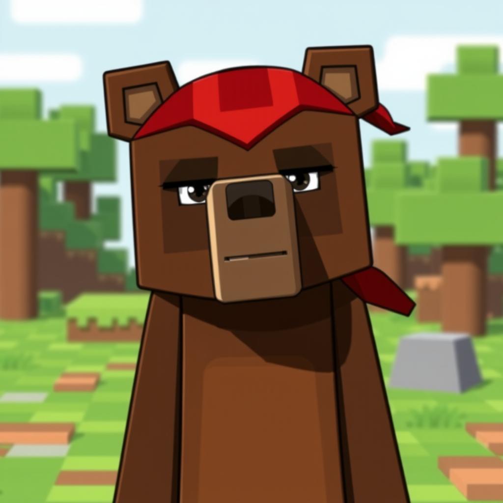 Serious Minecraft-style Brown Bear with Tennis Bandana