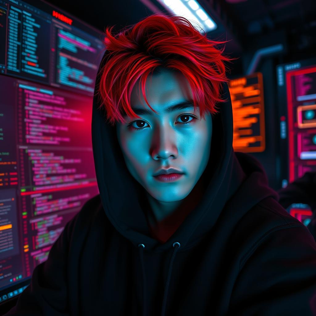 Edgy Korean Hacker: Bright Red Hair & Black Hoodie