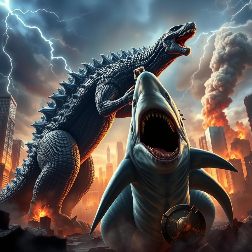 Epic Duel: Godzilla Grips Sharkzilla