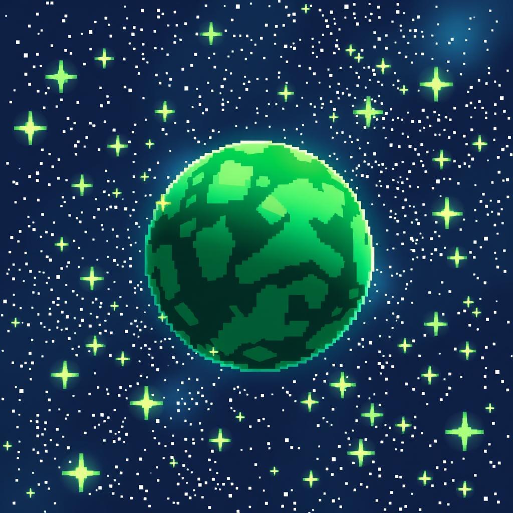 Cosmic Dreams: Pixelated Planet in a Starry Galaxy