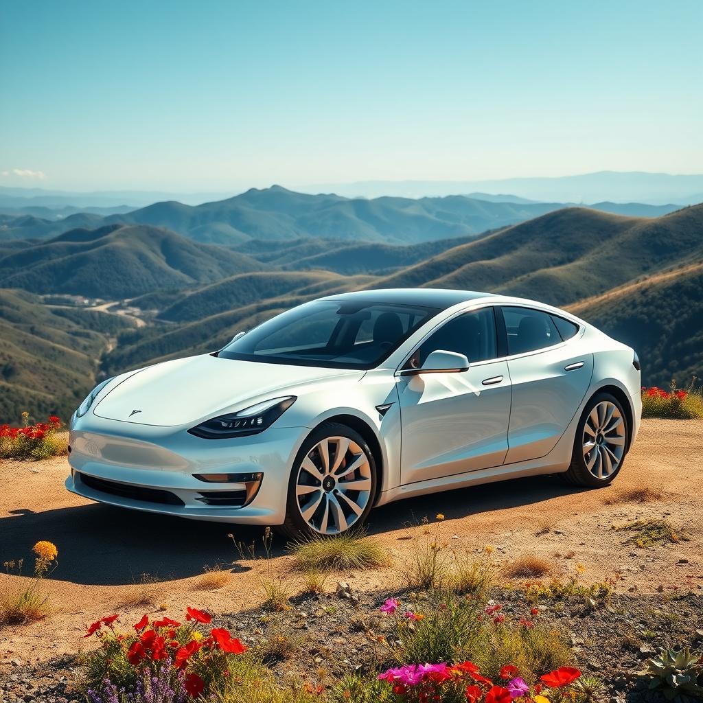 Stunning White Tesla Against Natures Beauty