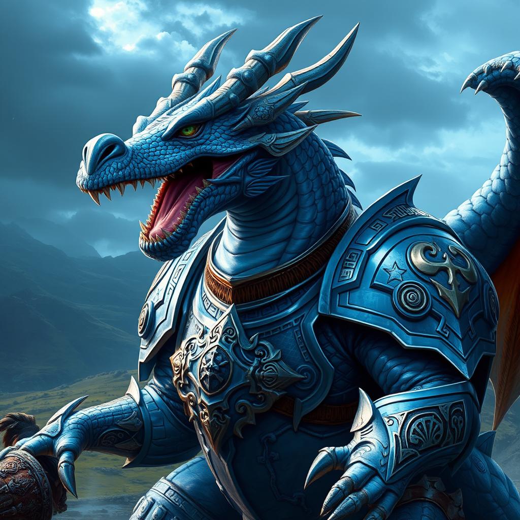 Epic Blue Dragon Warrior in Shining Armor