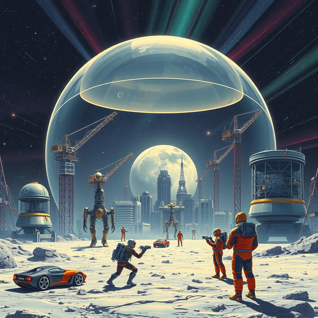 Retro-Futuristic Lunar City: Robots & Humans Unite