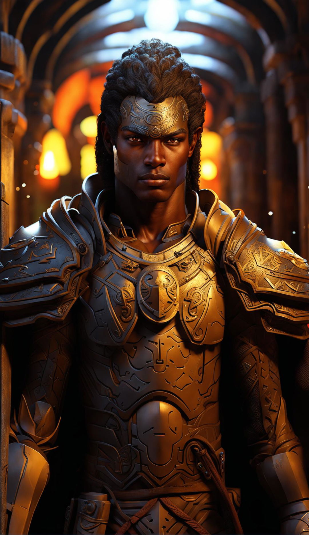 Hand-Sculpted Armor: African Paladin Portrait in Stone Corridor