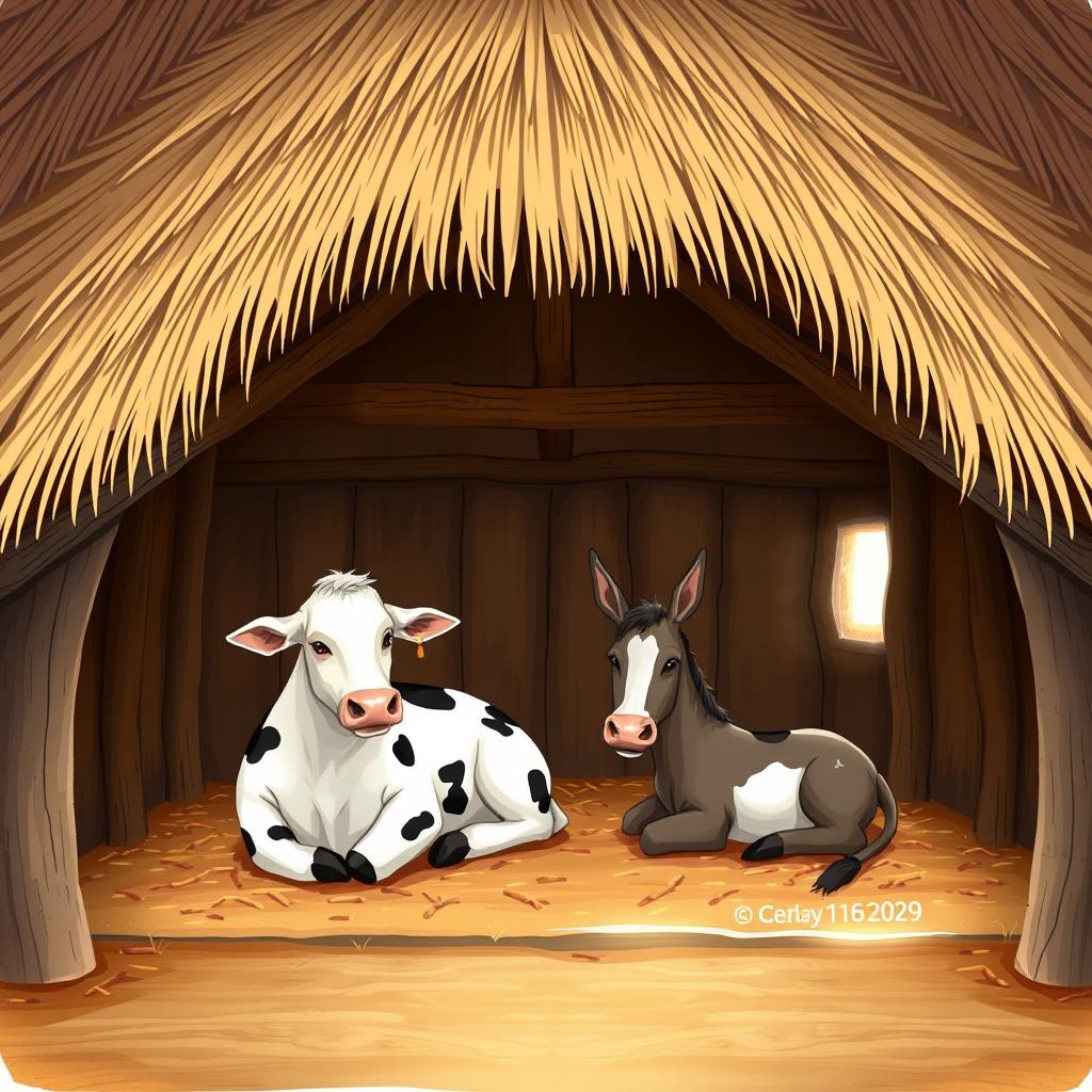 Tranquil Rustic Stable Scene with Cow and Donkey