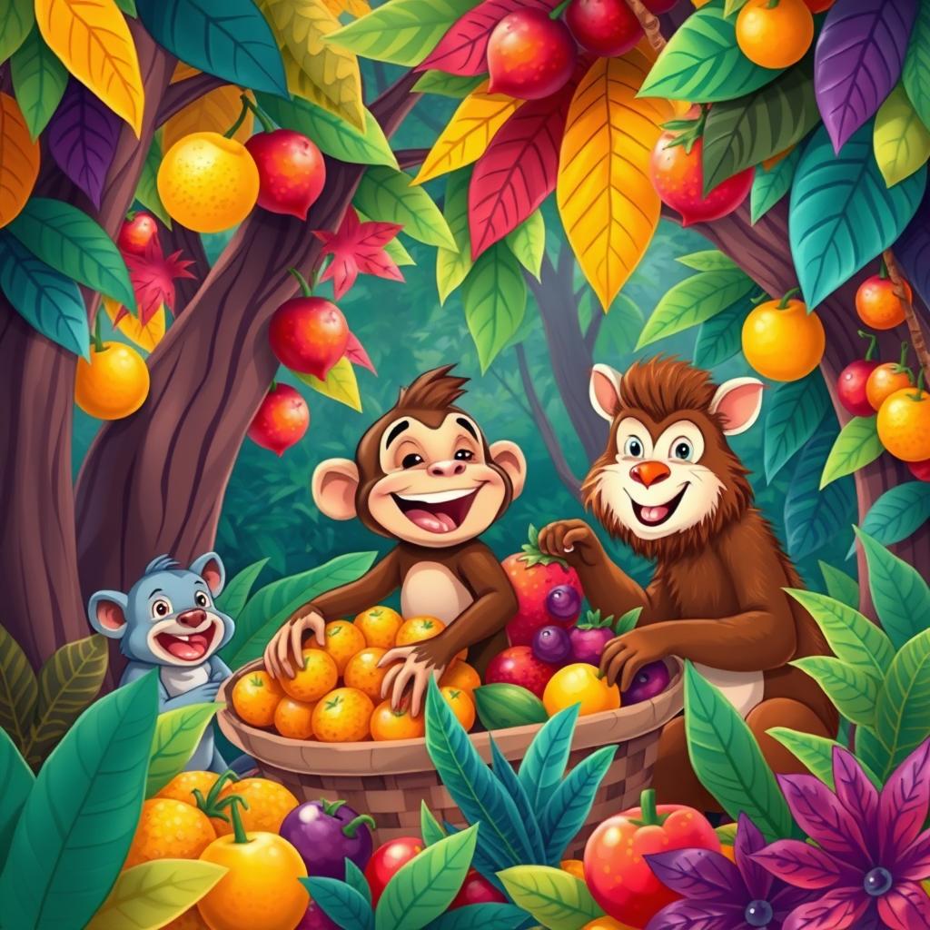 Jungle Joy: Monkey Helping Friends Gather Fruit