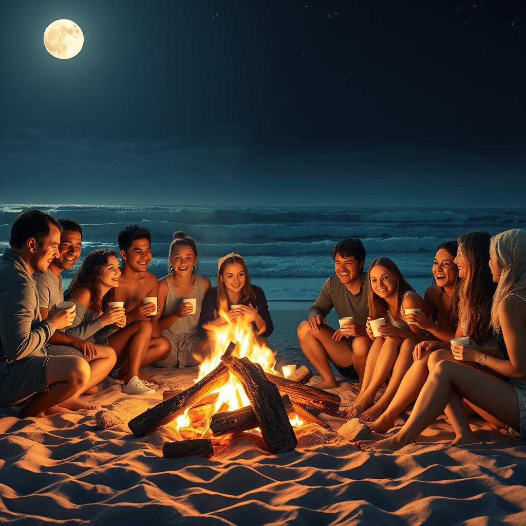 Enchanting Moonlit Beach with a Warm Bonfire
