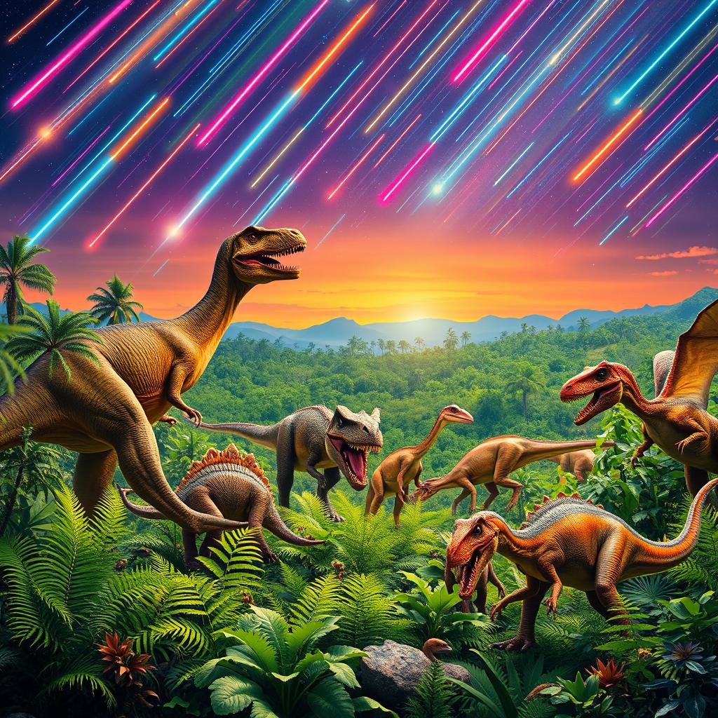 Dinosaurs Roaming Under a Meteor Shower