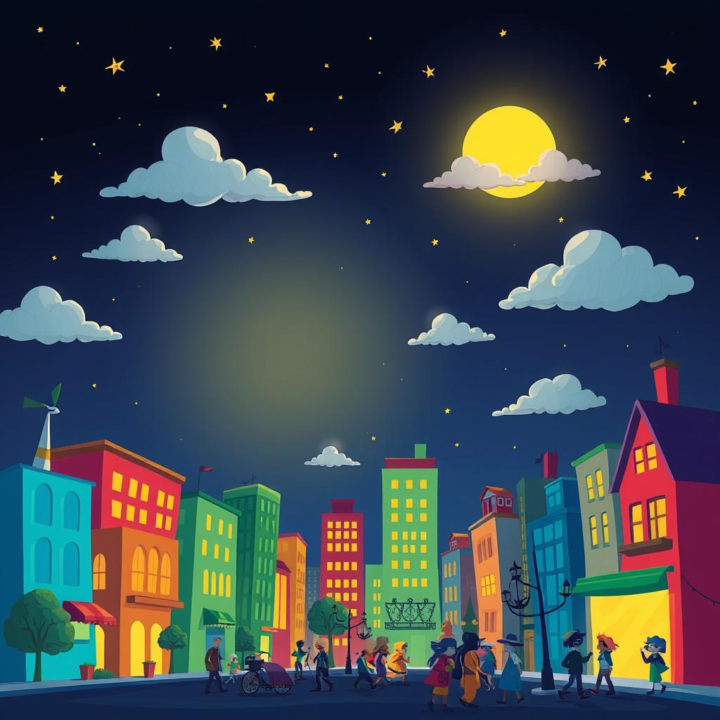 Whimsical Night: Cartoon City Skyline