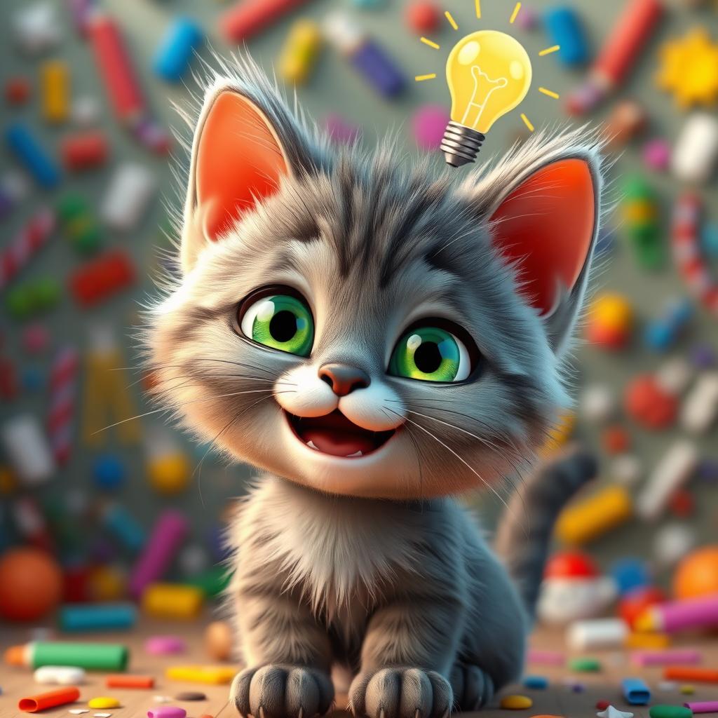 Cute Gray Kitten with a Bright Idea!