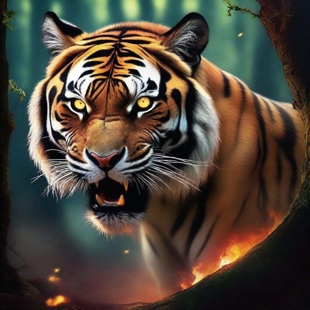 Inferno of Legends: Mythical Tiger Amidst Blazing Flames