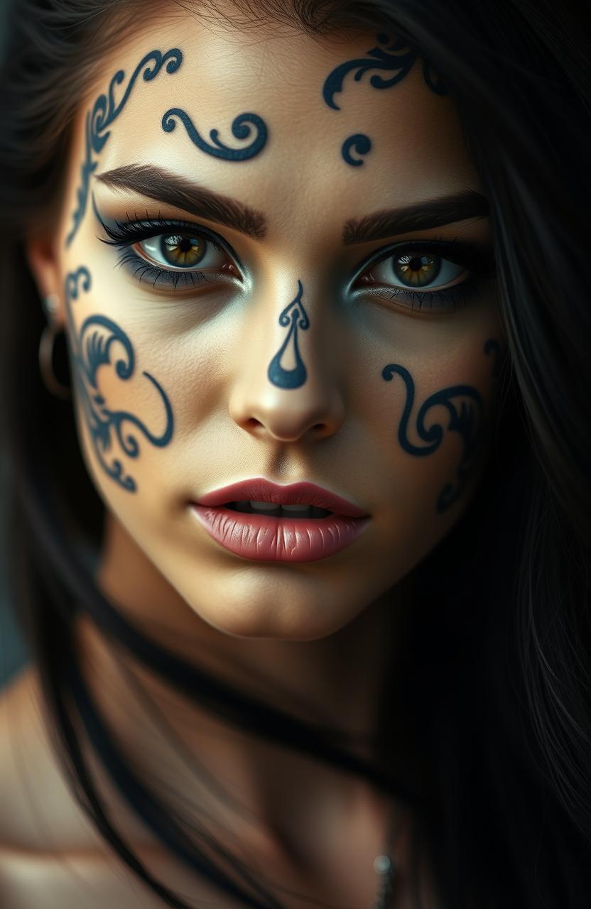 Striking Portrait of a Beautiful Woman with Intricate Face Tattoos
