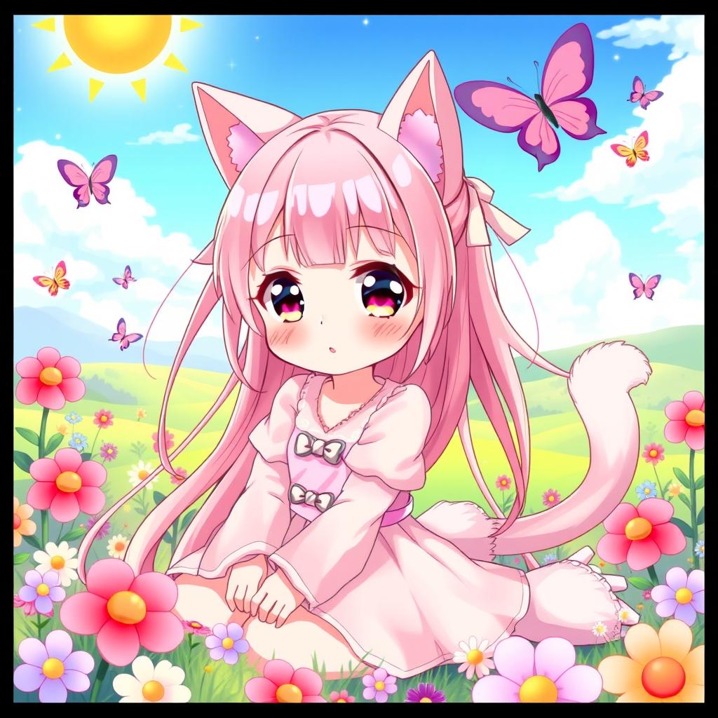 Adorable Anime Girl with Cat Ears and Fluffy Tail