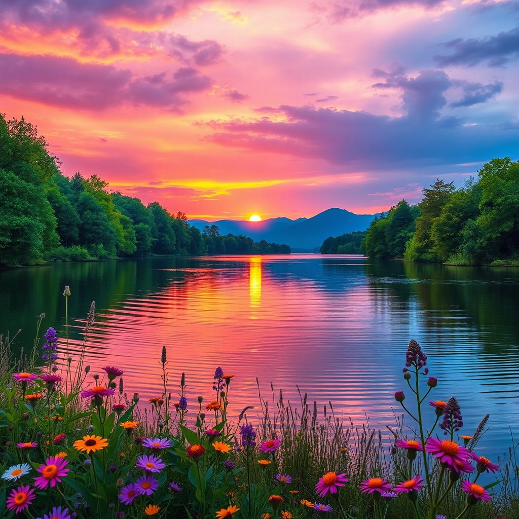 Vibrant Sunset Over Serene Lake